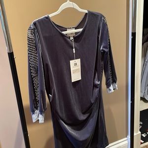 Blue velvet cocktail dress with sleeve detail